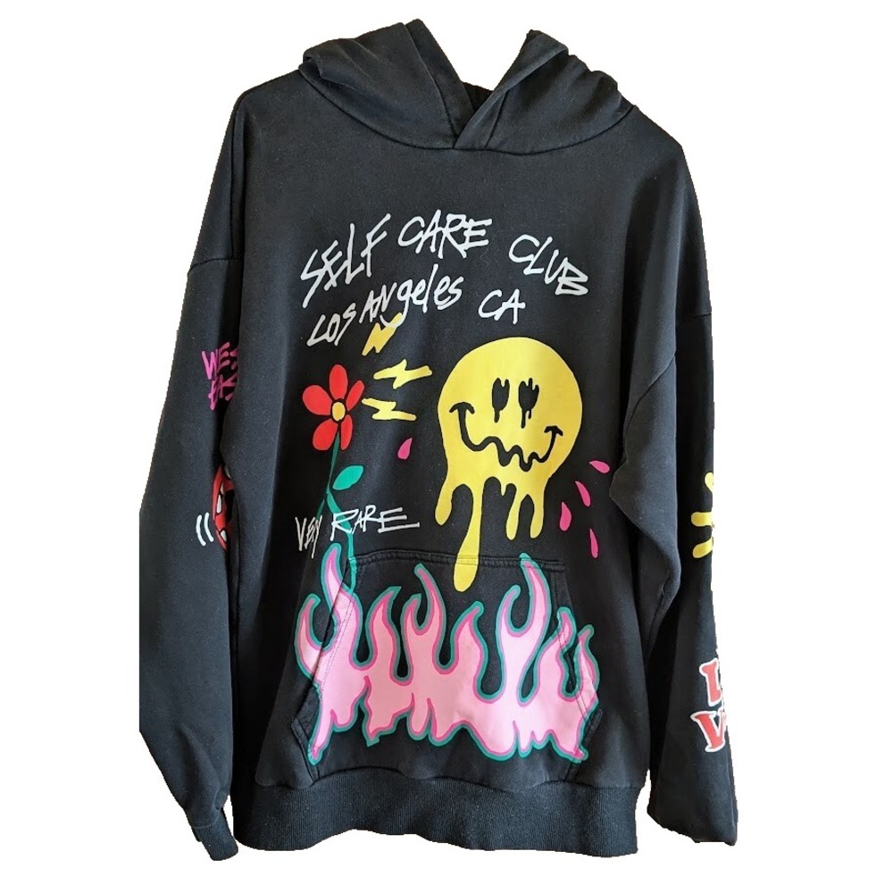 Pacsun Mens M Graphic Print Self Care Club Black Hoodie Streetwear Hip Hop